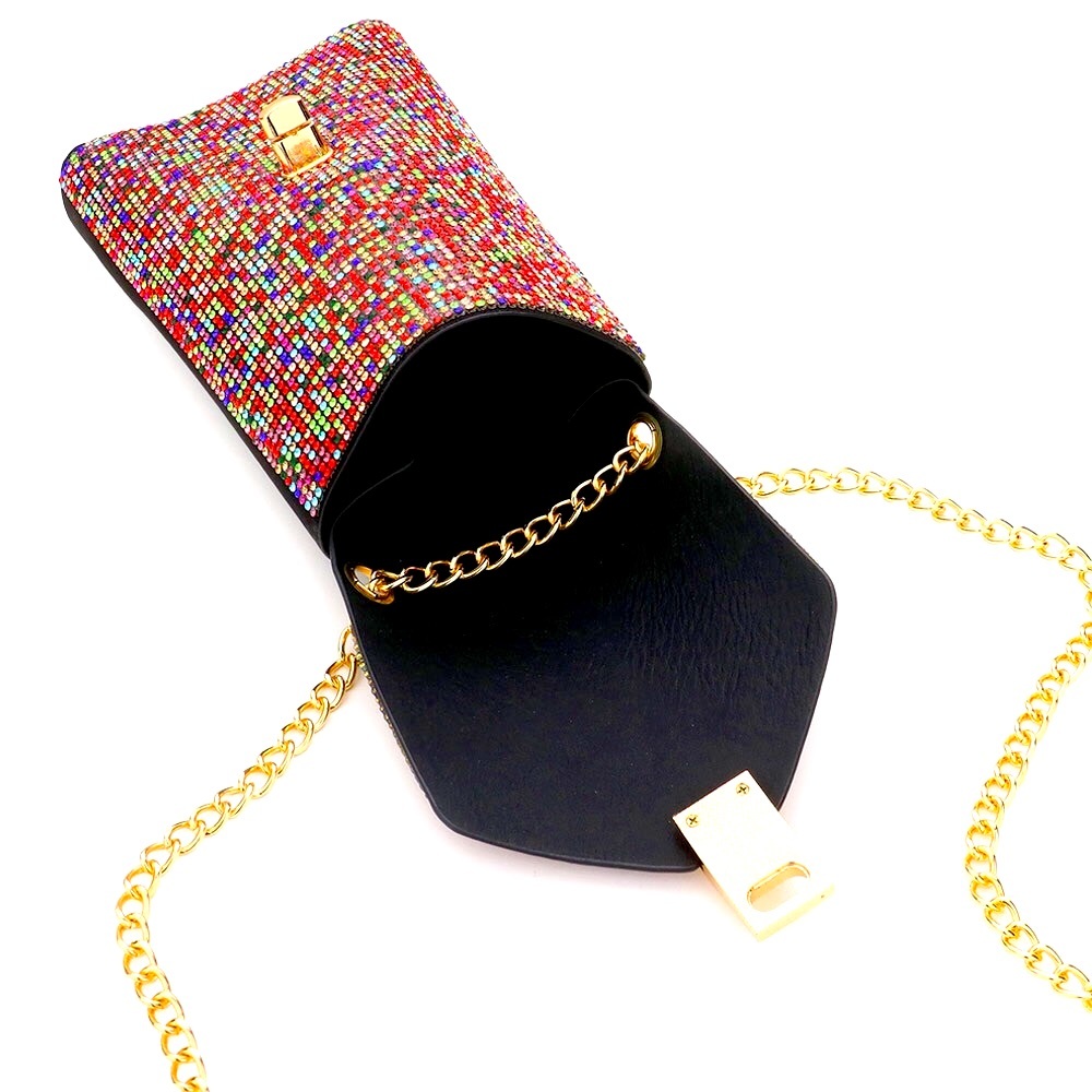 Rainbow Rhinestone Crystal Embellished Chain Crossbody Phone Bag